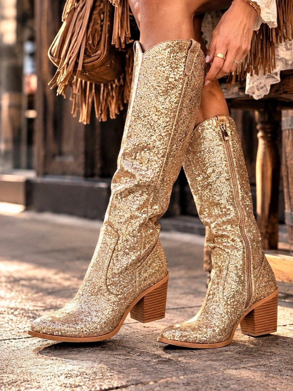 Glitter Heeled Western Boots in Gold